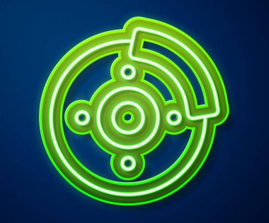 Mavi arka planda izole edilmiş kalibre ikonu olan parlak neon çizgili araba fren diski. Vektör.