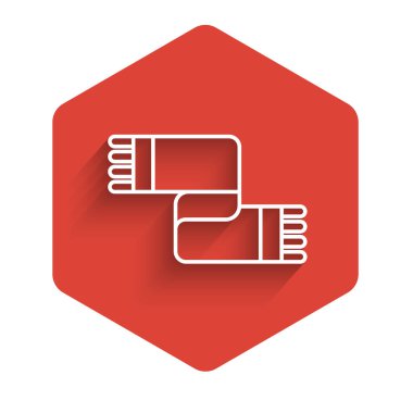 Beyaz çizgi Kış eşarbı simgesi uzun gölge arkaplan izole. Kırmızı altıgen düğmesi. Vektör.