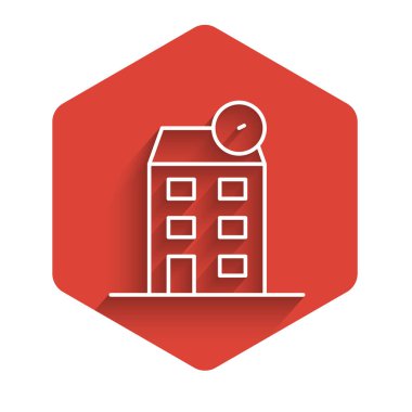 White line House icon isolated with long shadow background. Home symbol. Red hexagon button. Vector.