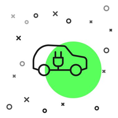 Siyah çizgi elektrikli araba ve elektrik kablosu şarj ikonu beyaz arka planda izole edildi. Yenilenebilir ekolojik teknolojiler. Vektör.