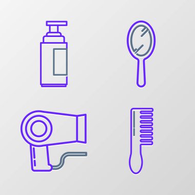 Saç fırçası kurutma makinesi. El aynası ve krem losyon kozmetik tüp ikonu. Vektör.