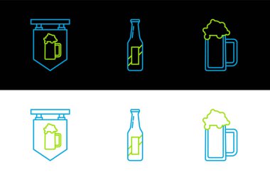 Cam ve bira şişesi ikonlu bira sokak tabelasını hizaya getir. Vektör.