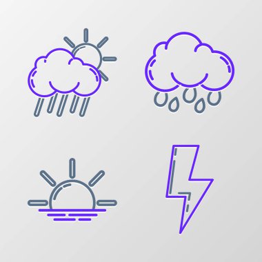 Şimşek Şimşeği Bulutu 'nu yağmur ve güneş ikonu ile ayarla. Vektör.