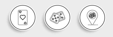 Satır çizgisi Casino konumu kalp sembolü ve oyun zar simgesi ile kart oynamak. Vektör.
