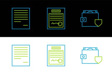 Kalkan Belgesi ve doldurulmuş form simgesiyle cüzdan ve para ayarlayın. Vektör.