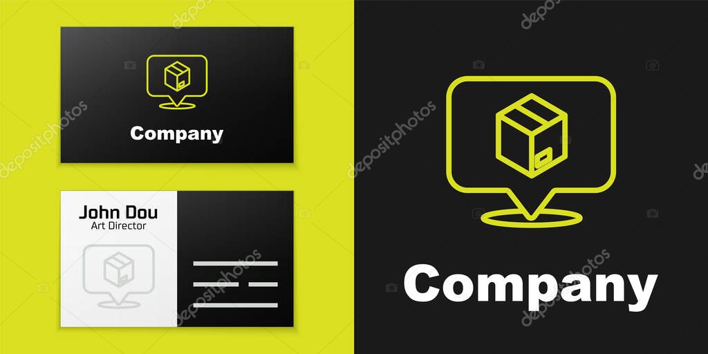 Logotype line Location with cardboard box icon isolated on black background. Delivery services, logistic and transportation, distribution. Logo design template element. Vector.