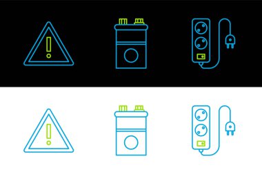 Elektrik uzatma kablosu ünlem işaretini üçgen ve araba aküsü simgesine ayarla. Vektör.