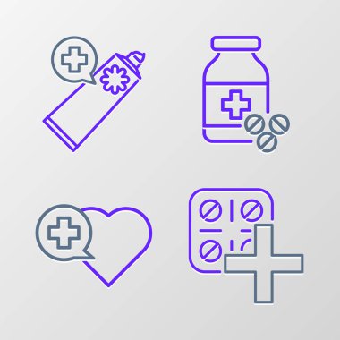 Haç ilacı şişesi, hap ve merhem kremi ikonuyla dolu su toplayan kalbe çizgi hapları yerleştirin. Vektör.
