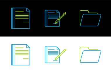 Satır Belgesi Dosya belgesi ve Boş Defter ve Kalem simgesini ayarla. Vektör.