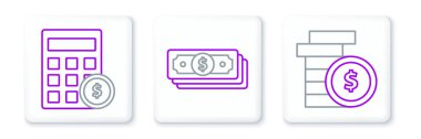 Dolar sembolü Calculator ve Stacks kağıt para ikonu ile çizgi para ayarlayın. Vektör.