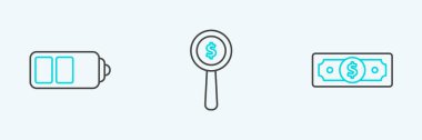 Hat Stacks kağıt para akü şarj seviyesi göstergesi ve büyüteç ve dolar sembolü simgesi. Vektör.