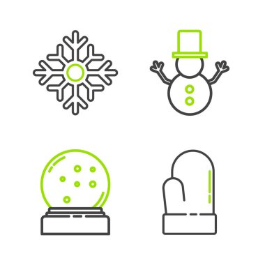 Kar Adam ve Kar Tanesi ikonu ile Noel eldiveni kar küresi oluşturun. Vektör.