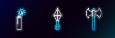 Orta Çağ baltası Dinamit bomba saati ve Japon ninja shuriken ikonu. Parlayan neon. Vektör.