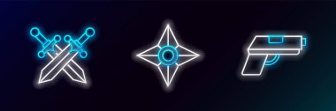 Tabanca ya da silah hattı ortaçağ kılıcını ve Japon ninja shuriken ikonunu aştı. Parlayan neon. Vektör.