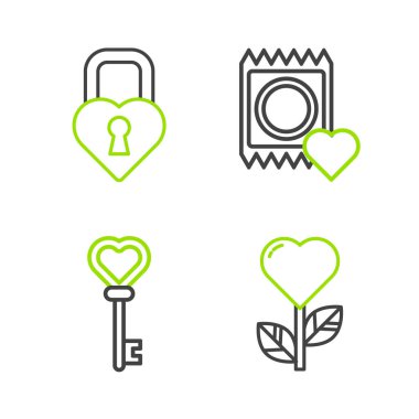 Kalp şeklini çiçek şeklinde, kalp şeklinde prezervatif paketinde ve Castle ikonunda ayarla. Vektör.