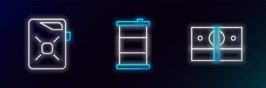 Hat Stacks kağıt para kutusu motor yağı ve fıçı ikonu için para ayarlayın. Parlayan neon. Vektör.
