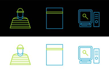 Bilgisayar ekranı Mahkûmu ve plastik torba üzerinde fermuar simgesi olan satır aramasını ayarla. Vektör.