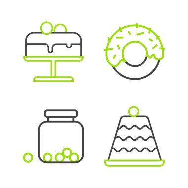 Cake Glass kavanozunu çöreğin içinde şeker ve tabak ikonu ile ayarla. Vektör.