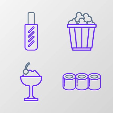 Patlamış mısır kutusunda sushi dondurması ve Hotdog sandviç ikonu. Vektör.