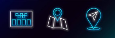 Satır Konum Taksimetresi ve Katlanmış Haritayı konum simgesiyle ayarla. Parlayan neon. Vektör.