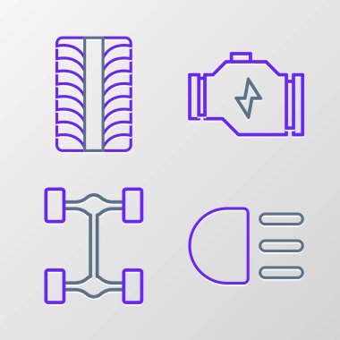 Yüksek kirişli Chassis araba kontrol motoru ve araba tekerleği simgesini ayarla. Vektör.