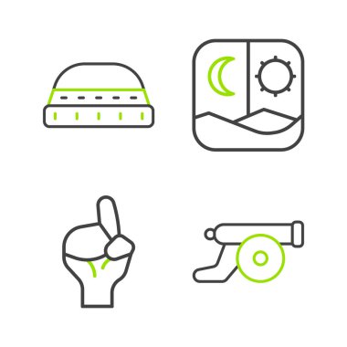 Ramazan toplarını hizaya sokun. Dua etmek için oruç tutun. Müslüman şapkası takın. Vektör.