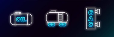 Benzin istasyonu petrol deposu ve demiryolu sarnıç simgesini ayarlayın. Parlayan neon. Vektör.