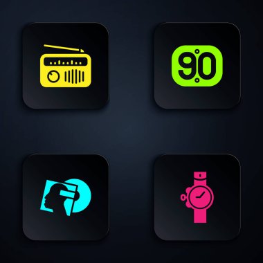 Bilek saatini, antenli radyoyu, vinil diski ve 90 'ların Retro' sunu ayarla. Siyah kare düğme. Vektör.