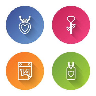 Kalp şeklinde bir kolye, çiçek şeklinde bir kalp, Takvim 14 Şubat ve etiket. Renkli daire düğmesi. Vektör.