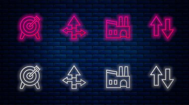 Arrow, Factory, Target ve. Tuğla duvarda parlayan neon simgesi. Vektör.