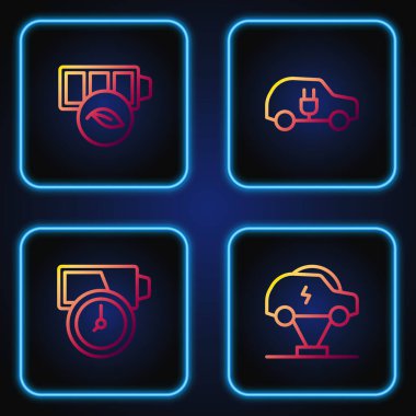 Elektrikli araba aküsünü ayarlayın. Eko doğa yaprağı bataryası ve... Renk simgeleri. Vektör.