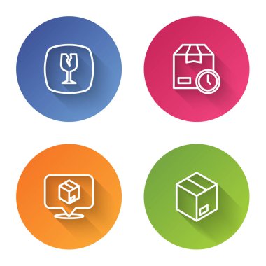 Kırık cam karton kutu ile saat konumu karton ve karton çizgi ayarla. Renkli daire düğmesi. Vektör.