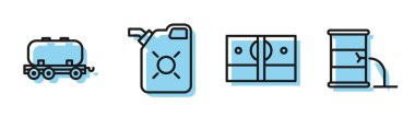Hat, kağıt para, petrol deposu, motor yağı için teneke kutu ve varil yağı sızıntısı ikonu. Vektör.