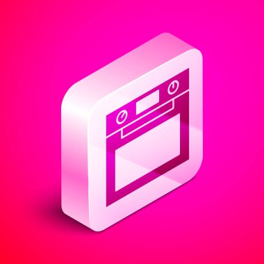 Pembe arka planda izole edilmiş Isometric Oven simgesi. Fırın tabelası. Gümüş kare düğme. Vektör.