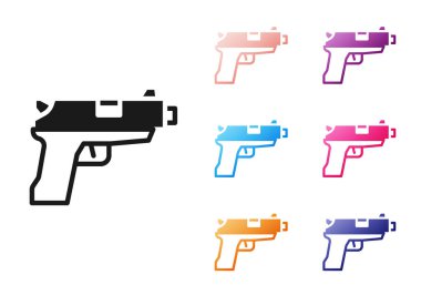 Beyaz arka planda siyah tabanca ya da silah ikonu var. Polis ya da askeri silah. Küçük ateşli silah. Simgeleri renklendirin. Vektör.
