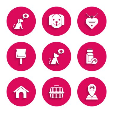 Veterinerlik kliniği sembolü Pet çanta taşıyıcısı veteriner tıp hastanesi köpek kulübesi faraş yaka yaka yaka künyesi ve kalp ve ikon. Vektör.