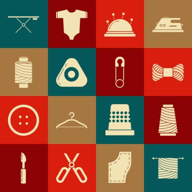 Dikiş ipliğini makaralı dikiş yatağı ve iğnelere tebeşir ütü tahtası ve klasik kapalı çelik güvenlik iğnesi simgesine koyun. Vektör.