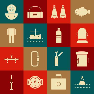 Denizde yüzen şamandırayı ayarlayın. Dalgıç şamandıraları için büyük el feneri. Yüzen balıkçı teknesi, dalış tulumu, dalgıç Aqualung ve ikon. Vektör.