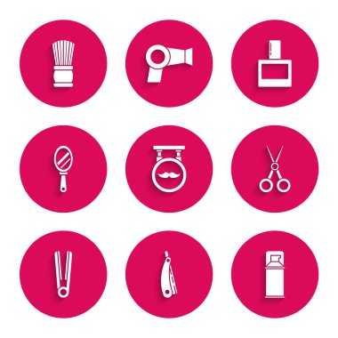 Berber dükkanını, tıraş losyonu ve fırça ikonu için tıraş makinesi jölesi, köpük makas, saç maşası saç maşası, saç maşası, saç maşası ayarlayın. Vektör.