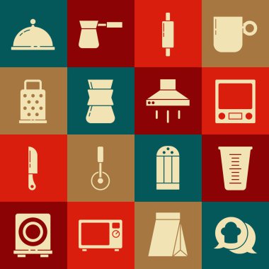 Şef şapkasını konuşma baloncuğu Elektronik ölçeklendirme kabı Rolling Stin Coffee Turk Grater tepsi yemeği ve mutfak sökücü fan ikonu ile kaplı olarak ayarla. Vektör.