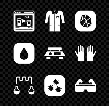 Kimyasal laboratuvar üniforması Tuz Taşı Test tüpü ve Bakteri Bakterisi Güvenlik gözlüğü su damlası ve Elektronik ölçekli ikon ayarla. Vektör.