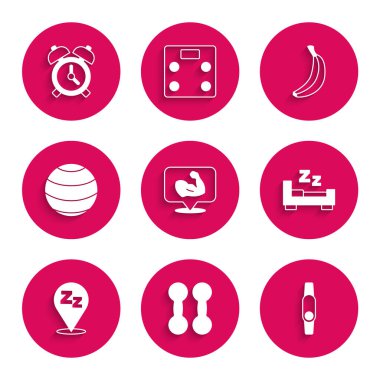 Vücut geliştirici kas yığını Dumbbell Smartwatch 'ı Uykucu Fitness Topu Muz ve Alarm Saat simgesiyle uyutma zamanı. Vektör.