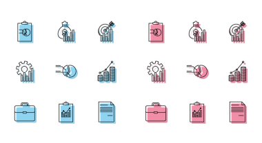 Grafik grafiği doküman turtası bilgisine ve para ve para çantası diyagramına sahip Evrak Çantası Panosu satırını ayarla. Vektör.