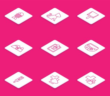 Kedi ya da köpek panosu için balık iskeleti kedi ya da köpek maması kasesi tıbbi plaklı akvaryum balığı tıbbi dijital termometre ve veterinerlik sembolü ikonu. Vektör.