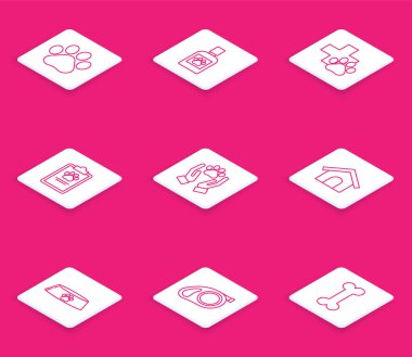 Paw baskı veteriner kliniği sembolü tıbbi kayıt evcil hayvan elli hayvan ayak izi evcil hayvan barınağı kedi köpek ve geri çekilebilir tasma karabinası ikonu. Vektör.