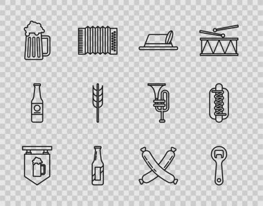 Sokak tabelasını bira bardağıyla döşemek bira şişesi tahta bardak tahtakurusu tahıl gevreği pirinç ekmeği çavdar ekmeği, çavdar ekmeği çapraz sosis ve Hotdog sandviçi ikonu. Vektör.