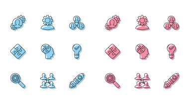 Çizgi büyüteç ve teçhizat Proje Ekibi Roket gemi içinde ateş kafa bulmacası stratejisi ampul kontrol işareti ve simgesi olan insan üssü oluşturun. Vektör.