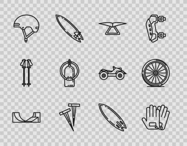 Çadırlar için Paten Parkı Eldivenli Askılı Planör Mandalları Miğfer Aqualung Sörf tahtası ve Bisiklet Tekerleği simgesi. Vektör.