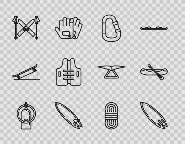 Hat Aqualung Sörf Tahtası Karabinası Kayağı Can yeleği tırmanma ipi ve Rafting tekne ikonu. Vektör.