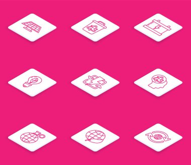 Güneş enerjisi geri dönüşüm kutusunu geri dönüşüm sembolü olan araba aküsü ampul yaprağıyla yeniden şarj eden dünya gezegeni ve geri dönüşüm ikonu ile ayarla. Vektör.